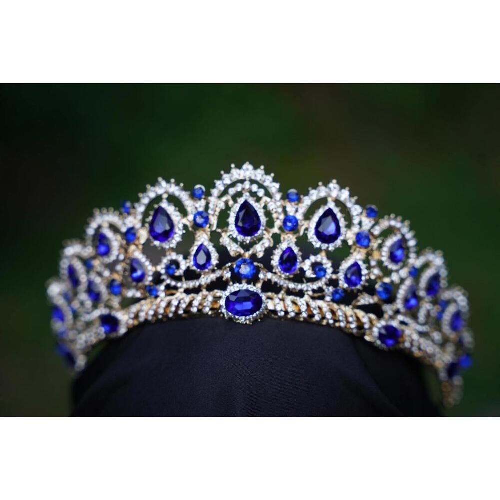 Intricate Blue Crystal Tiara Bridal Gold Crown Birthday Wedding Gift